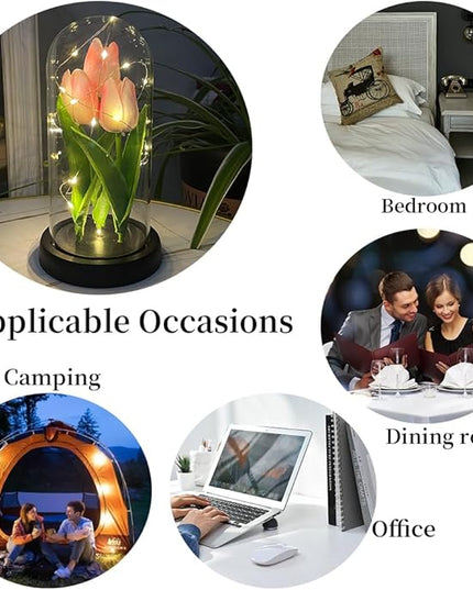 LED Tulip Lamp Artificial Flower Night Light Handmade Light up Tulips in Glass Dome Table Lamp Ornaments Desktop Decor - Battery Operated (Pink) - LeafyLoom
