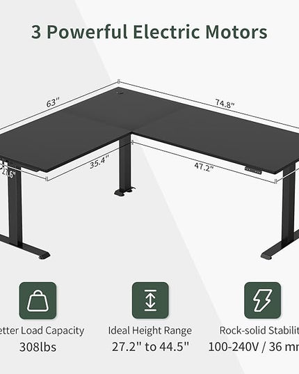 FEZIBO 75 Inches, Supports over 300mlbs, L Shaped Standing Desk Reversible, Electric Height Adjustable Corner Stand up Desk, Sit Stand Desk Computer Workstation, Black Frame/Black Top - LeafyLoom