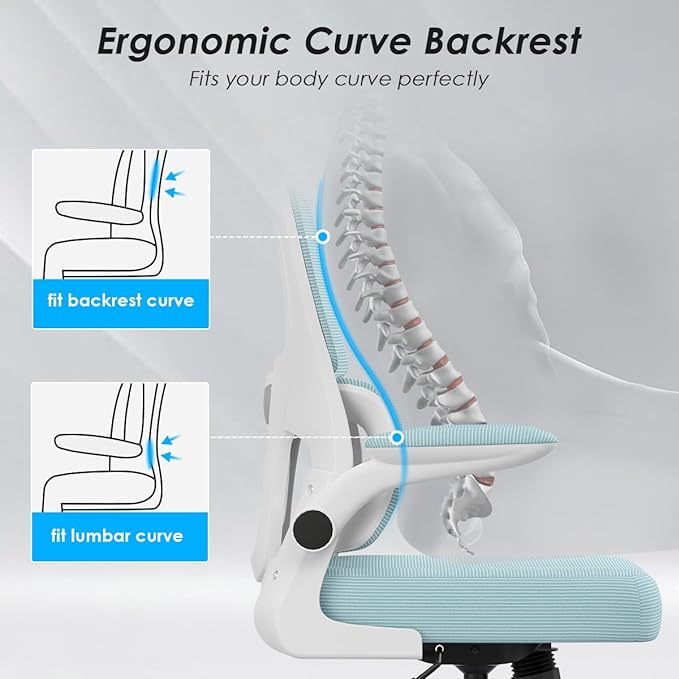 Soohow Ergonomic Home Office Chair, Mesh Desk Chair with Lumbar Support, Comfy Computer Desk Chair with Flip Armrest Rolling Wheels, Adjustable Headrest, Blue. - LeafyLoom