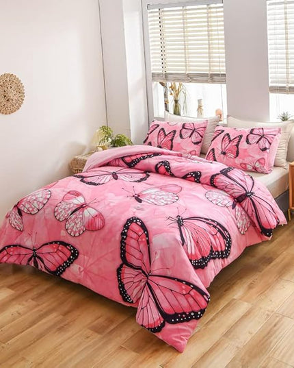 Btargot 3 Piece Pink Butterfly Girls Kids Adults Queen Size Comforter Set, Lightweight Soft All Season Bedding Set with 2 Pillowcases - LeafyLoom
