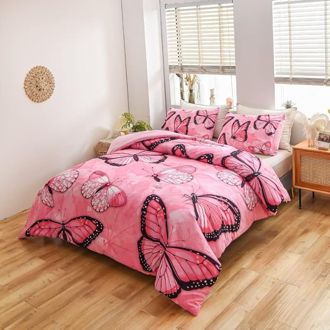Btargot 3 Piece Pink Butterfly Girls Kids Adults Queen Size Comforter Set, Lightweight Soft All Season Bedding Set with 2 Pillowcases - LeafyLoom