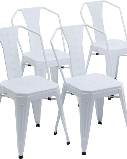 Modern Dining Chair Set of 4, Stackable Metal Chairs, Waterproof Counter Bar Chairs with High Backrest, Quick Assembly Cafe Chairs, Tolix Style for Home, Kitchen and Bar Use, White - LeafyLoom