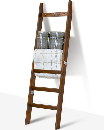 TEAKMAMA Blanket Ladder for Living Room and Bedroom, 5.4 Ft Wall Leaning Blanket Rack, Rustic Decorative Farmhouse Blanket Storage, Quilt Rack, Ladder Holder, Easy to Assemble (Red Brown) - LeafyLoom