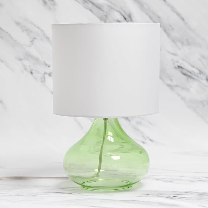 Simple Designs LT2063-GRW Glass Raindrop Table Lamp with Fabric Shade, Green with White Shade - LeafyLoom