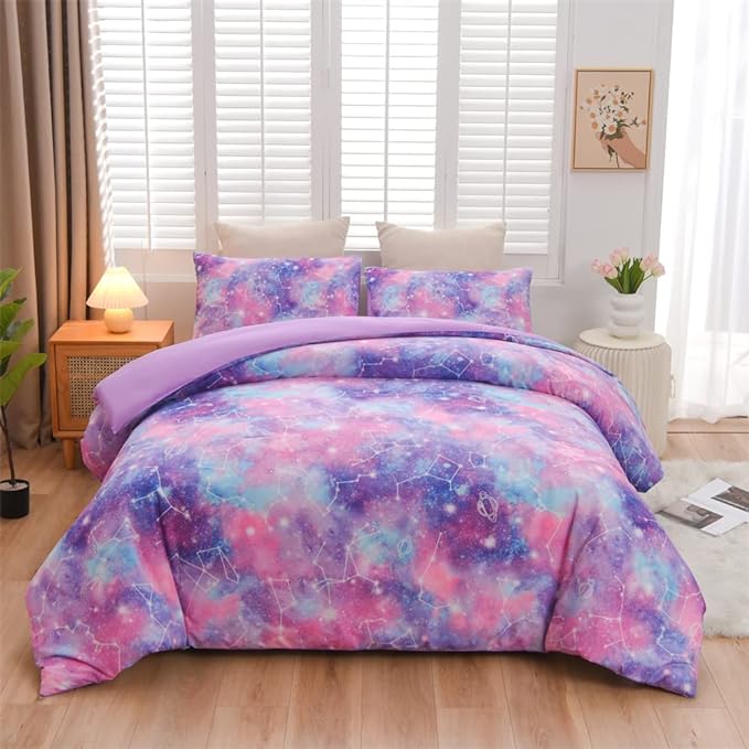 Holawakaka Tie Dye Constellation Print Ombre Comforter Set Full Size Girls Boys Gradient Galaxy Bedding Set (Purple,Full) - LeafyLoom