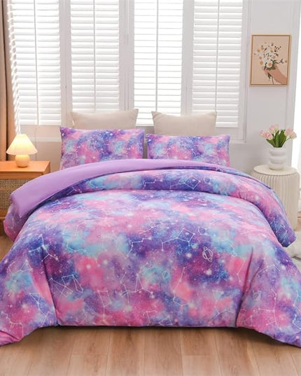 Holawakaka Tie Dye Constellation Print Ombre Comforter Set Queen Size Girls Boys Gradient Galaxy Bedding Sets(Purple, Queen) - LeafyLoom