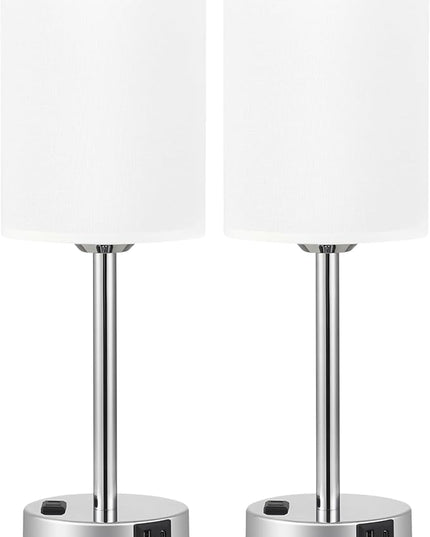 Touch Lamps for Bedrooms Set of 2 White - 3 Way Dimmable Bedside Lamp with USB C and A Ports and Outlets, Modern Nightstand Lamp with Linen Shade and Silver Base, Small Table Lamps for Kids Nursery - LeafyLoom