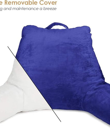 Clara Clark Reading Pillow, Standard Back Pillow for Sitting Up in Bed, Memory Foam Back Support Pillow, Reading Pillows for Sitting in Bed, Royal Blue Sit Up Pillow for Bed, Arm Pillow with Pockets - LeafyLoom