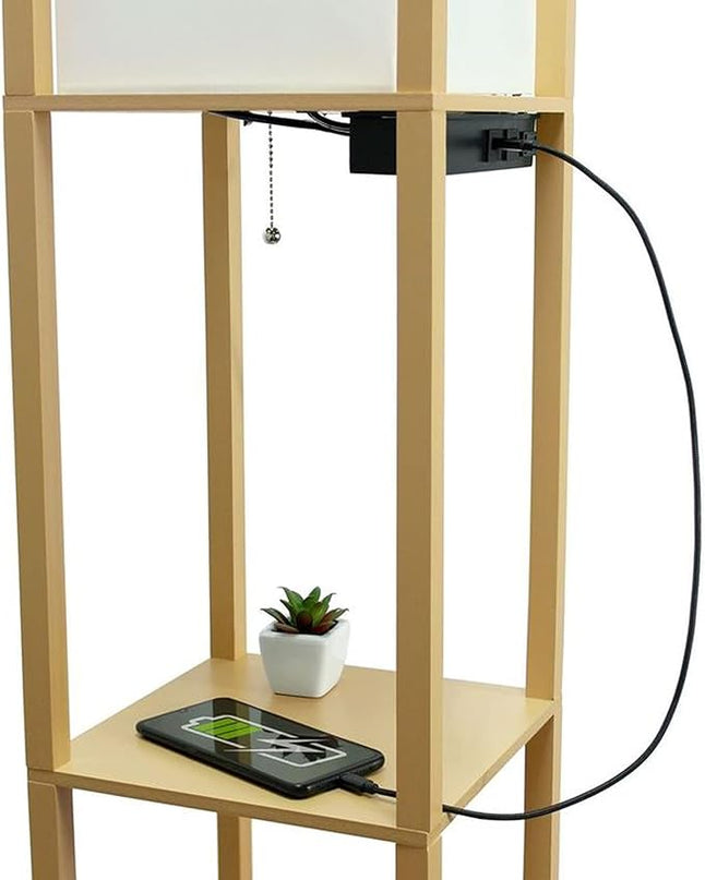 Simple Designs LF1037-TAN Floor Lamp Etagere Organizer Storage Shelf with 2 USB Charging Ports, 1 Charging Outlet and Linen Shade, Tan - LeafyLoom
