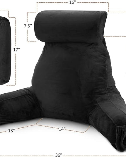 Nestl Reading Pillow with Portable Laptop Lap Desk, Velvet Feel Back Pillow for Sitting in Bed, Shredded Memory Foam Back Support Pillow for Bed, Bed Rest Pillow with Arms, Large - Black - LeafyLoom