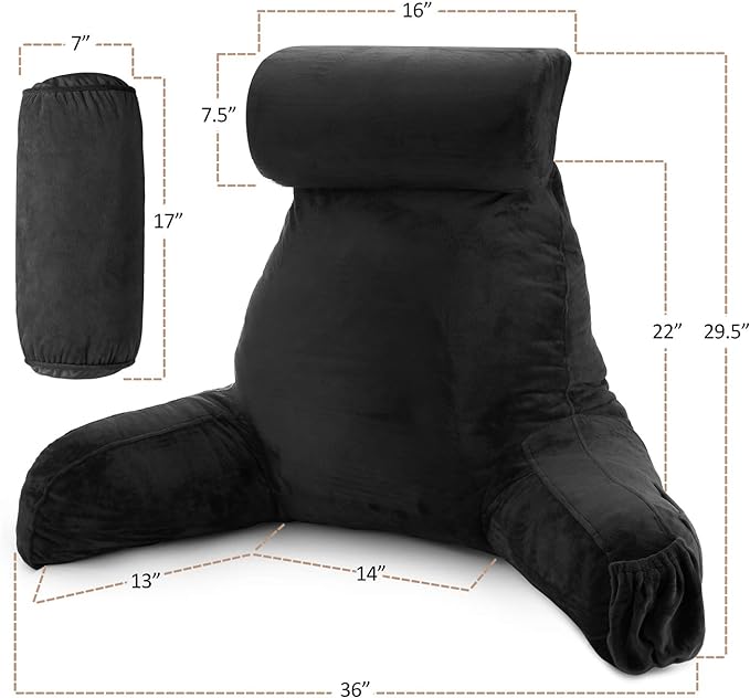 Nestl Reading Pillow with Portable Laptop Lap Desk, Velvet Feel Back Pillow for Sitting in Bed, Shredded Memory Foam Back Support Pillow for Bed, Bed Rest Pillow with Arms, Large - Black - LeafyLoom
