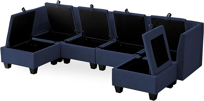 Modern Chenille Fabric U-Shaped 6 Seat Sectional Sleeper Couch with Reversible Chaise Modular Sofa with Storage, Large, Dark Blue - LeafyLoom