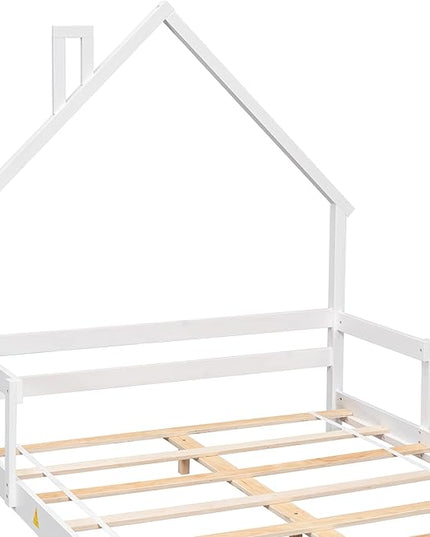Full Size Bed Frame for Kids,House-Shaped Headboard Kids Bed,Girls Bed with Handrails,Low Platform Bed for Boys Girls,No Box Spring Needed(White) - LeafyLoom