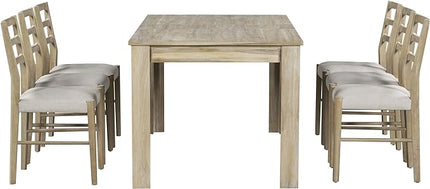 7 Piece Extendable Wooden Dining Table Set with 6 Upholstered Chairs, 12" Leaf and 2 Drawers, Natural Wood Wash - LeafyLoom