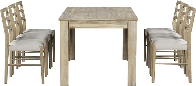7 Piece Extendable Wooden Dining Table Set with 6 Upholstered Chairs, 12" Leaf and 2 Drawers, Natural Wood Wash - LeafyLoom