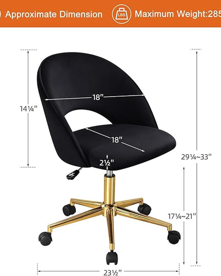 Furniliving Velvet Home Office Chair, Height Adjustable Swivel Vanity Chair with Wheels, Upholstered Desk Task Makeup Chair Computer Chair with Gold Metal Base Stool Chairs (Black) - LeafyLoom