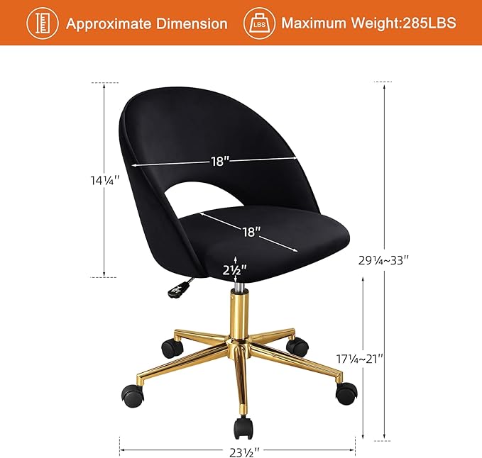 Furniliving Velvet Home Office Chair, Height Adjustable Swivel Vanity Chair with Wheels, Upholstered Desk Task Makeup Chair Computer Chair with Gold Metal Base Stool Chairs (Black) - LeafyLoom