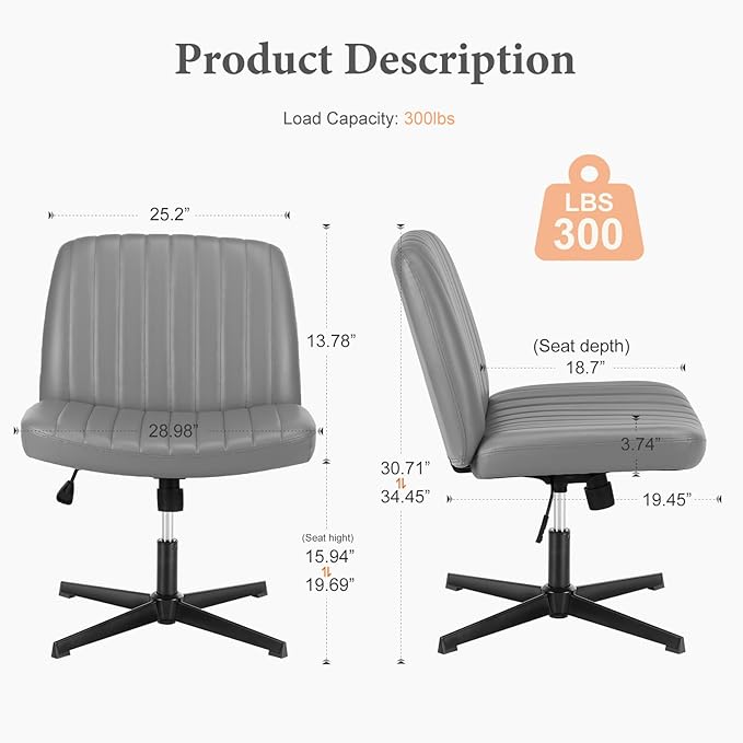 Sweetcrispy Criss Cross Chair Legged, Armless Office Desk Chair No Wheels, Swivel Vanity Chair, Height Adjustable Wide Seat Computer Task Chair, PU Leather Vanity Modern Home Chair Sliver - LeafyLoom