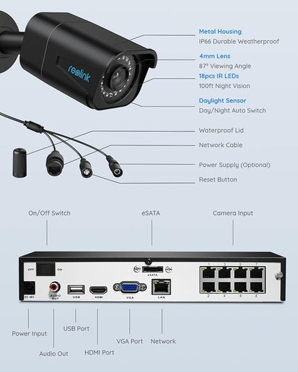 REOLINK 4K Security Camera System, 4pcs H.265 PoE Security Cameras Wired with Person Vehicle Detection, 8MP/4K 8CH NVR with 2TB HDD for 24-7 Recording, RLK8-800B4 Black REOLINK