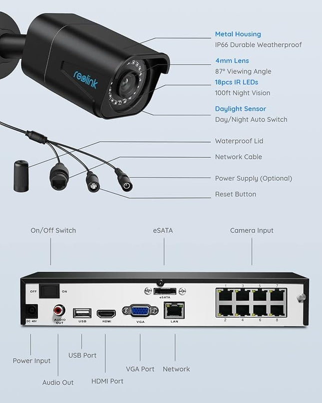 REOLINK 4K Security Camera System, 4pcs H.265 PoE Security Cameras Wired with Person Vehicle Detection, 8MP/4K 8CH NVR with 2TB HDD for 24-7 Recording, RLK8-800B4 Black REOLINK