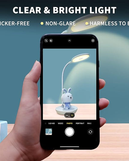 Kids Desk Lamp Pink, Dimming Desk Lamp for Girls with Exclusive Cartoon Look, Cute Night Light for Kids Bedroom, Eye-Caring LED Portable Reading Lamp for Child, Unique Gift (Blue Rabbit) - LeafyLoom