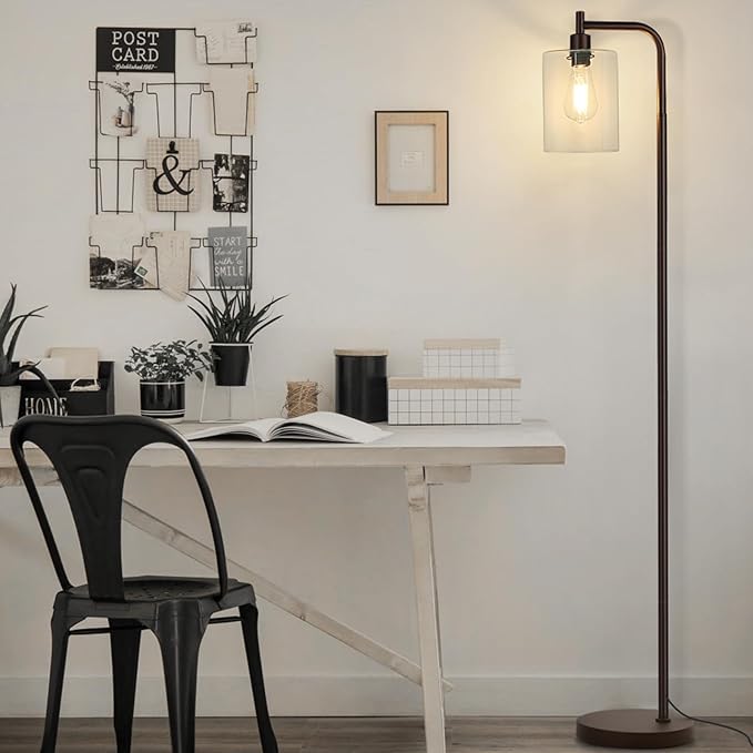 MAXvolador Industrial Floor Lamp, Modern Standing Lamps with Hanging Clear Glass Shade, Classic Reading Tall Pole Light for Living Room Bedroom, Brown - LeafyLoom
