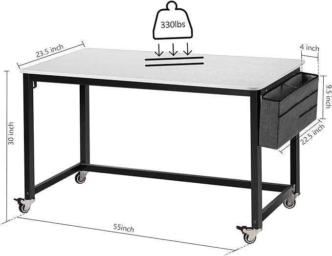 AHB 55" Rolling Computer Desk with 4 Smooth Wheels, Simple Style Mobile Writing Desk Home Office Study Table Movable Workstation with Metal Frame - LeafyLoom