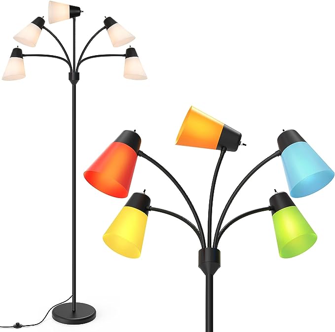 FOLKSMATE LED Floor Lamp, Medusa Multi Head Modern Tall, Rustic Adjustable Gooseneck Reading Standing Light for Living/Kids Room, Bedroom, Black - LeafyLoom