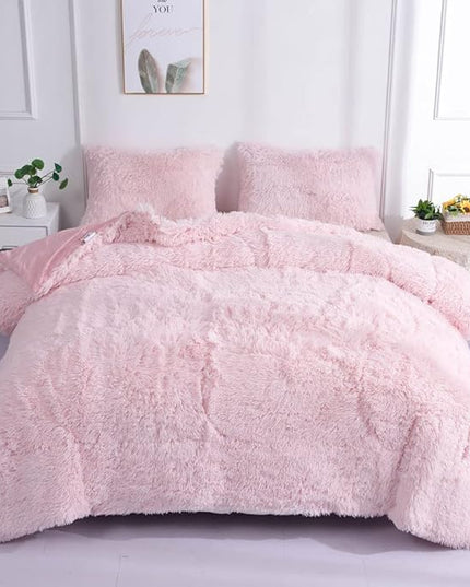 Faux Fur Kids Girls Light Pink Comforter Sets Twin/Full - 3PC Bed Set Warm Comfortable Soft Plush Flannel Velvet Fluffy Fuzzy Bedding（Comforter x 1 Pillowcases x 2） - LeafyLoom