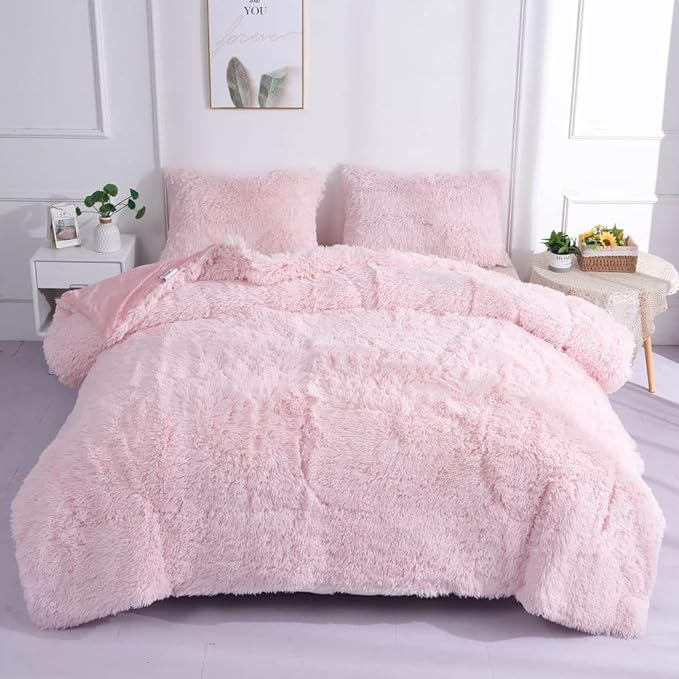 Faux Fur Kids Girls Light Pink Comforter Sets Twin/Full - 3PC Bed Set Warm Comfortable Soft Plush Flannel Velvet Fluffy Fuzzy Bedding（Comforter x 1 Pillowcases x 2） - LeafyLoom