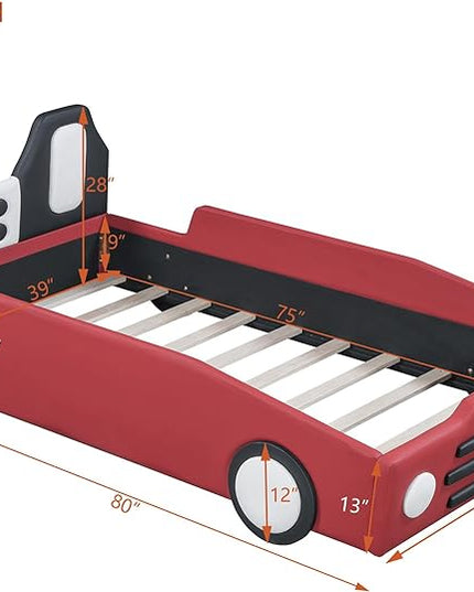 Twin Size Car Bed for Boys,Race Car-Shaped Wooden Platform Bedframe with Wheels & Safety Guardrail,Slats Support,Easy Assembly,Fun Play for Kids Toddlers Child's Bedroom,Red PU - LeafyLoom