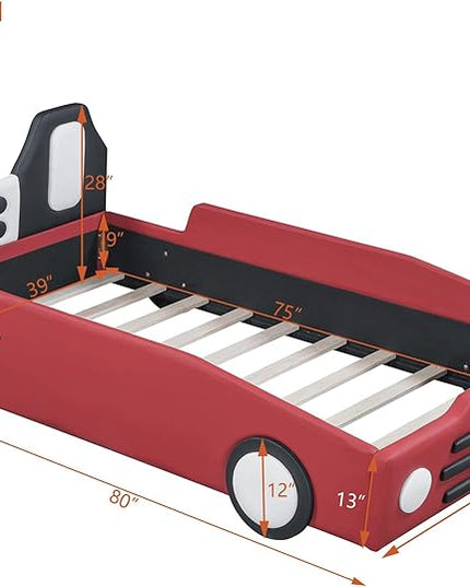 Twin Size Race Car Bed Platform Bed with Wheels and Side Rails,Bed Frame W/Headboard & Slats Support,for Kids Boys Girls Teens,Red - LeafyLoom