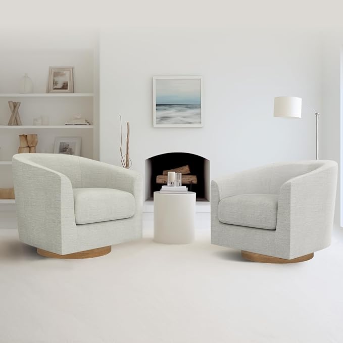 MUUEGM Accent Chair with Arms, 360 Degree Swivel Accent Chair with Wood Base, Modern Barrel Chair for Living Room, Bedroom, Waiting Room, Fully Assembled,Performance Fabric in Ivory White - LeafyLoom