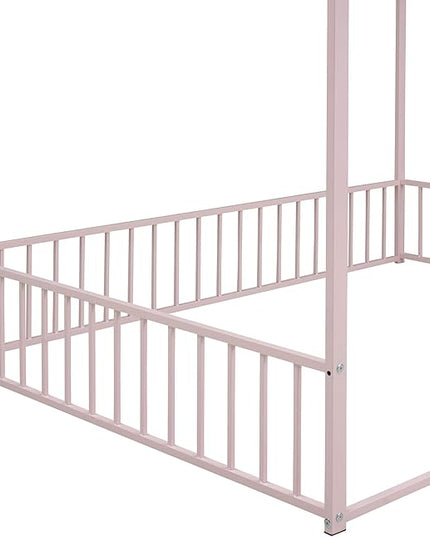 RITSU Full Size Montessori Floor Bed, Metal House Bedframe with Fence, Robust Construction is Used, for Children'S Rooms, Boys Girls, No Box Spring Needed, Easy Assembly, Pink - LeafyLoom