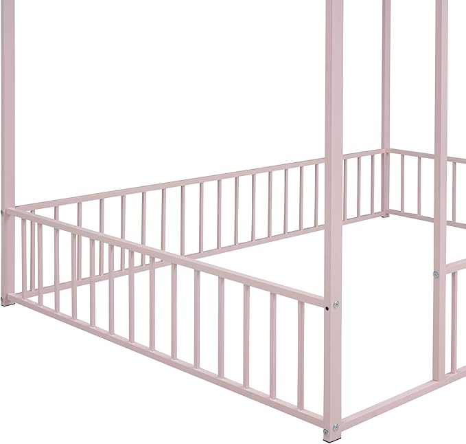 RITSU Full Size Montessori Floor Bed, Metal House Bedframe with Fence, Robust Construction is Used, for Children'S Rooms, Boys Girls, No Box Spring Needed, Easy Assembly, Pink - LeafyLoom