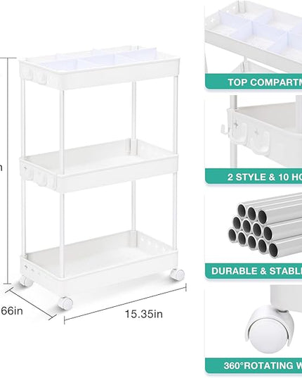 TOOLF Rolling Storage Cart, 3 Tier Utility Cart on Wheels, Bathroom Rolling Cart Organizer with Divider & Hooks, Mobile Shelving Unit Storage Cart for Laundry Kitchen Dorm, White - LeafyLoom