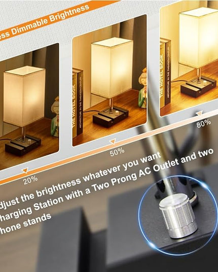 Fully Dimmable Table lamp, Lamps with Two Phone Stands and AC Outlet, Bedside Lamp with Two LED Bulb for Bedroom, Living Room,Study(Set of 2) Light White - LeafyLoom
