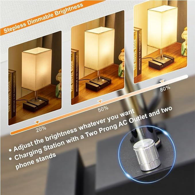 Fully Dimmable Table lamp, Lamps with Two Phone Stands and AC Outlet, Bedside Lamp with Two LED Bulb for Bedroom, Living Room,Study(Set of 2) Light White - LeafyLoom