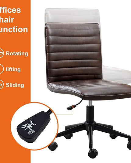 Furniliving Leather Home Office Chair, Armless Vanity Desk Task Chair with Wheels 360° Swivel Computer Rolling Desk Chair with Back, Adjustable Accent Chair with Gold Metal Base Stool - LeafyLoom