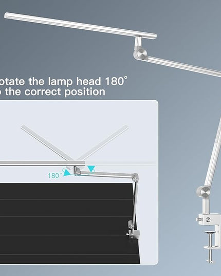 LED Desk Lamp, Desk Light for Home Office, Dual Light Source 18W Brightest, Eye-Caring Optical Lens, Task Lamp, 5 Color Modes & Brightness, Aluminum Alloy Clip on Lamp, Clamp Lamp, Silver - LeafyLoom