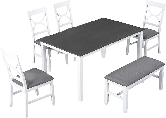 Kitchen Table and Chairs for 6, Rustic Style Dining Table Set, 6-Piece Rectangular Kitchen Table and 4 Upholstered Chairs & Bench for Dining Room, Living Room and Kitchen, Brown+Whitewash - LeafyLoom