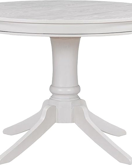 5-Piece Wooden Round Extendable Dining Table and 4 Upholstered Chairs Set for Kitchen Living Room, Retro Style, Antique White, 42"-58" L x 42" W x 30" H - LeafyLoom