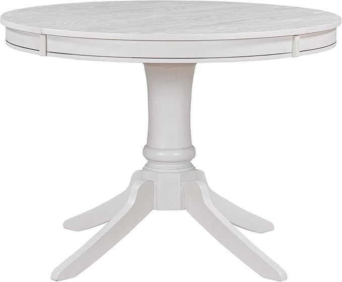 5-Piece Wooden Round Extendable Dining Table and 4 Upholstered Chairs Set for Kitchen Living Room, Retro Style, Antique White, 42"-58" L x 42" W x 30" H - LeafyLoom