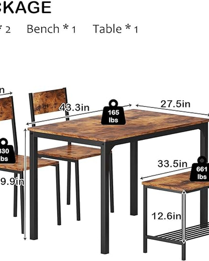 soges 4 Person Dining Table Set, 43.3inch Kitchen Table Set for 4, Dining Room 2 Chairs with Backrest, 2-Person Bench with Storage Rack, Vintage Brown - LeafyLoom