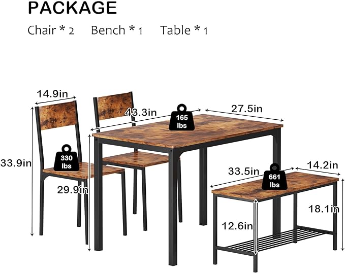 soges 4 Person Dining Table Set, 43.3inch Kitchen Table Set for 4, Dining Room 2 Chairs with Backrest, 2-Person Bench with Storage Rack, Vintage Brown - LeafyLoom