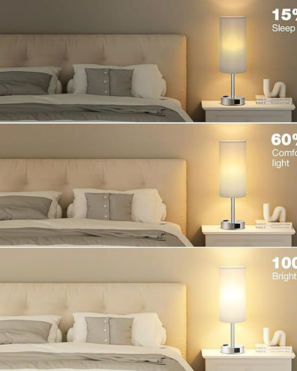 Light Grey Table Lamp for Nightstand - 3 Way Dimmable Touch Bedside Lamp USB C and A Charging Ports and AC Outlet, Small Desk Lamp with Silver Base for Office Nursery, LED Bulb Included - LeafyLoom