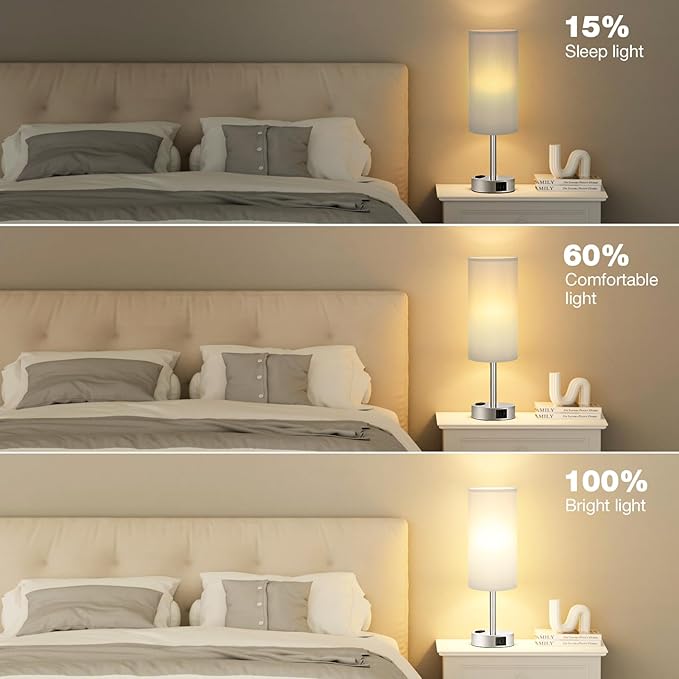 Light Grey Table Lamp for Nightstand - 3 Way Dimmable Touch Bedside Lamp USB C and A Charging Ports and AC Outlet, Small Desk Lamp with Silver Base for Office Nursery, LED Bulb Included - LeafyLoom
