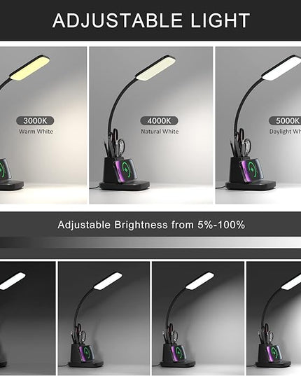 Desk Lamp for Home Office, LED Desk Lamp with Wireless Charger Pen Holder, Dimmable Desk Light with 3 Color Modes, Black Office Lamp for Dorm - LeafyLoom