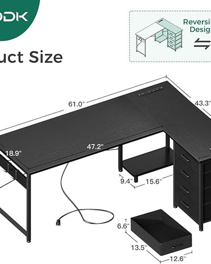 AODK L Shaped Desk with 4 Tier Drawers, 61" Reversible Gaming Desk with Power Outlets, L Shaped Computer Desk with USB Charging Port and Host Stand, Home Office Corner Desk, Easy to Assemble, Black - LeafyLoom