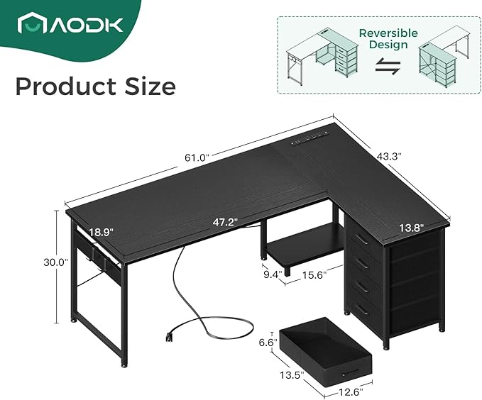 AODK L Shaped Desk with 4 Tier Drawers, 61" Reversible Gaming Desk with Power Outlets, L Shaped Computer Desk with USB Charging Port and Host Stand, Home Office Corner Desk, Easy to Assemble, Black - LeafyLoom